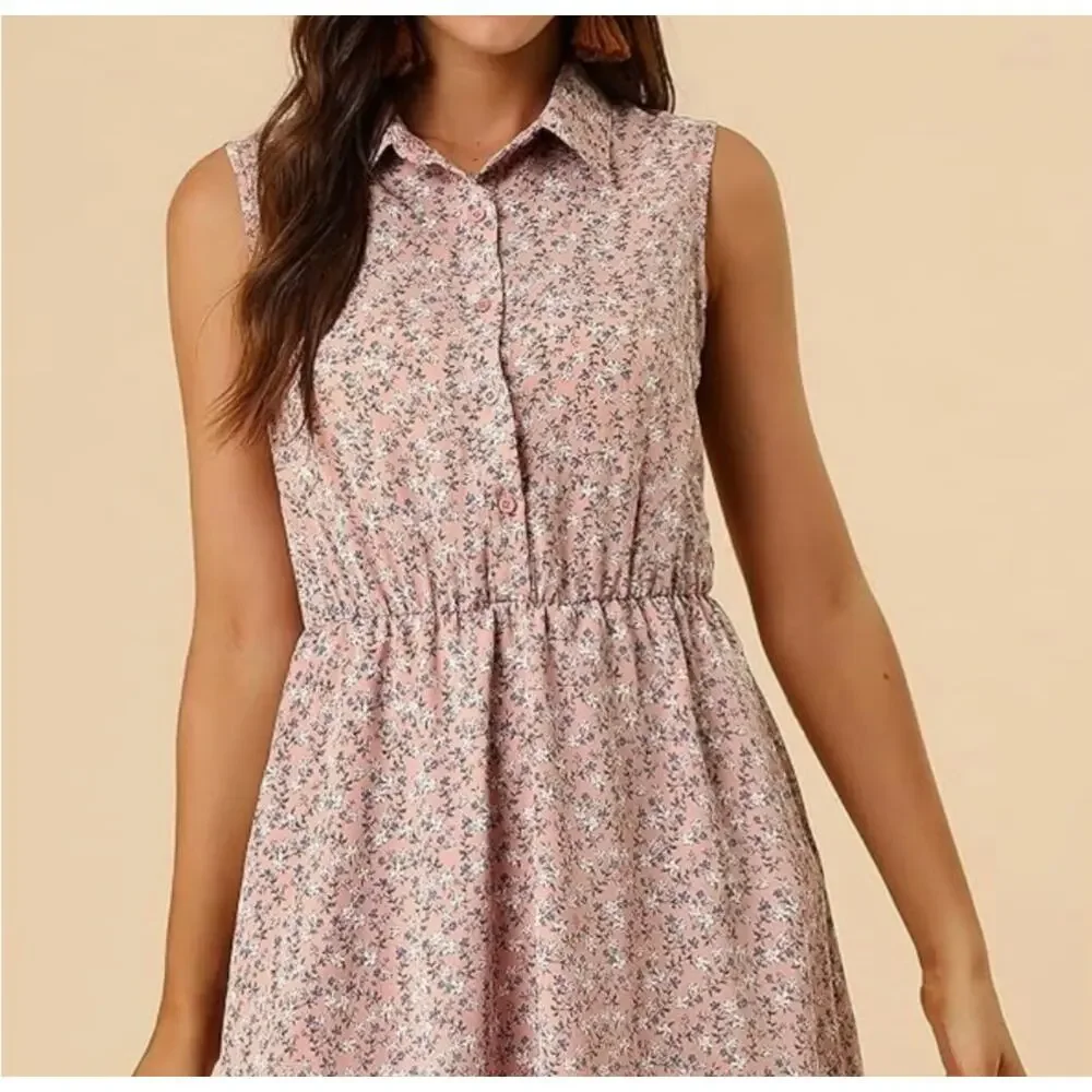 Allegra K Floral Sleeveless Half Button Up Dress Size XS NWT